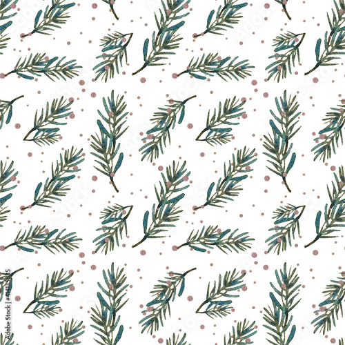 Stylish seamless botanical New Year and Christmas pattern for gift wrapping  backgrounds  fabrics  wallpapers. Watercolor nature evergreen branch elements with pink circles 