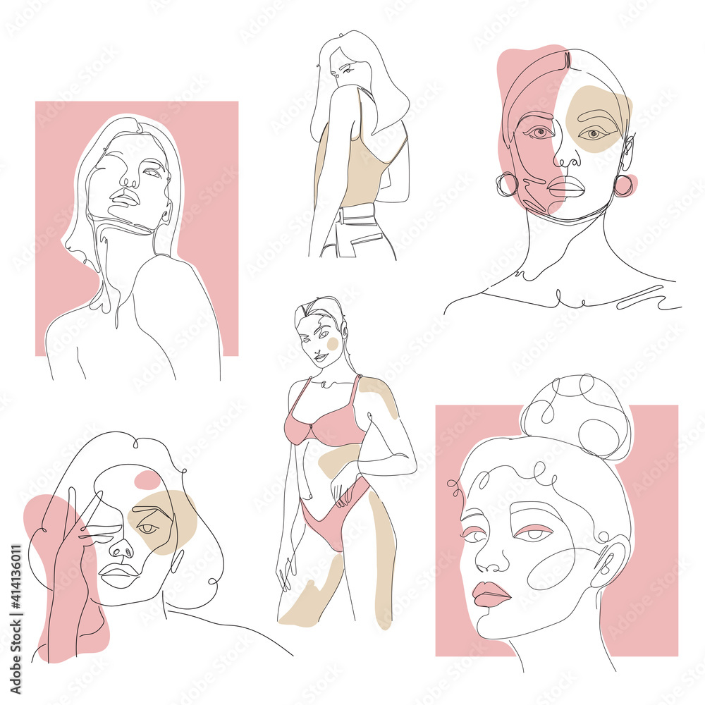 abstract woman face silhouettes in minimalist line art technique. logo for beauty salon, cosmetic, spa. feminine, vogue, intimate, sensual vector art drawing in nude and pink colors. abstract woman face silhouettes in minimalist line art technique. logo for beauty salon, cosmetic, spa. feminine, vogue, intimate, sensual vector art drawing in nude and pink colors.