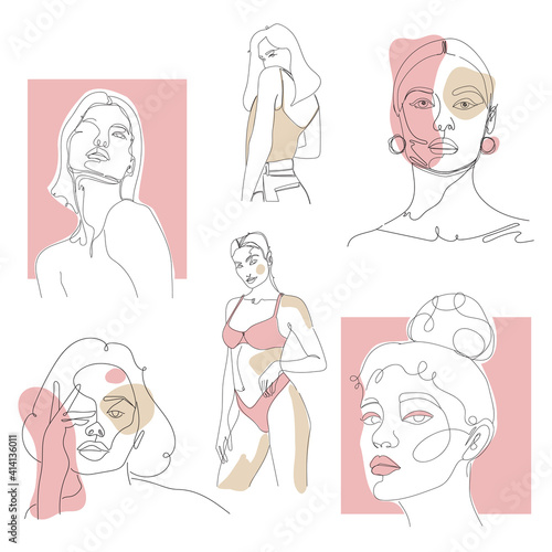 abstract woman face silhouettes in minimalist line art technique. logo for beauty salon, cosmetic, spa. feminine, vogue, intimate, sensual vector art drawing in nude and pink colors.