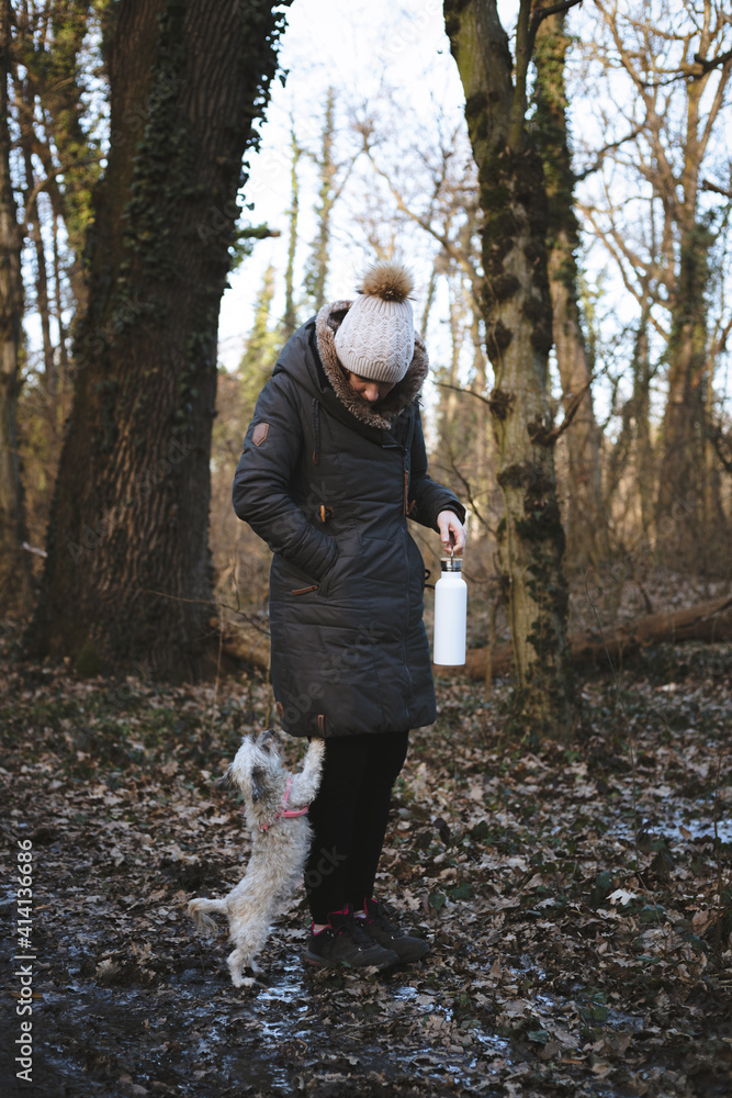 Young woman and her little dog enjoying their time in a forest. Moody day for walking in the woodland. Young woman and her little dog enjoying their time in a forest. Moody day for walking in the woodland.