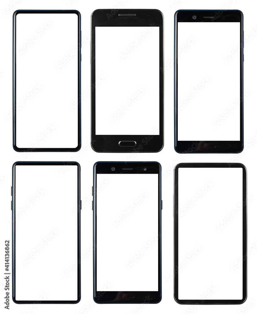 Set of black smart phones with white screen isolated white background Set of black smart phones with white screen isolated white background