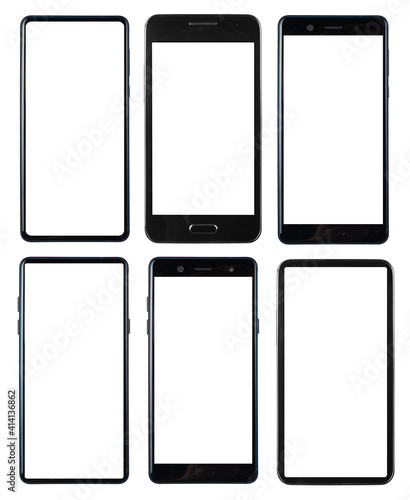 Set of black smart phones with white screen isolated white background