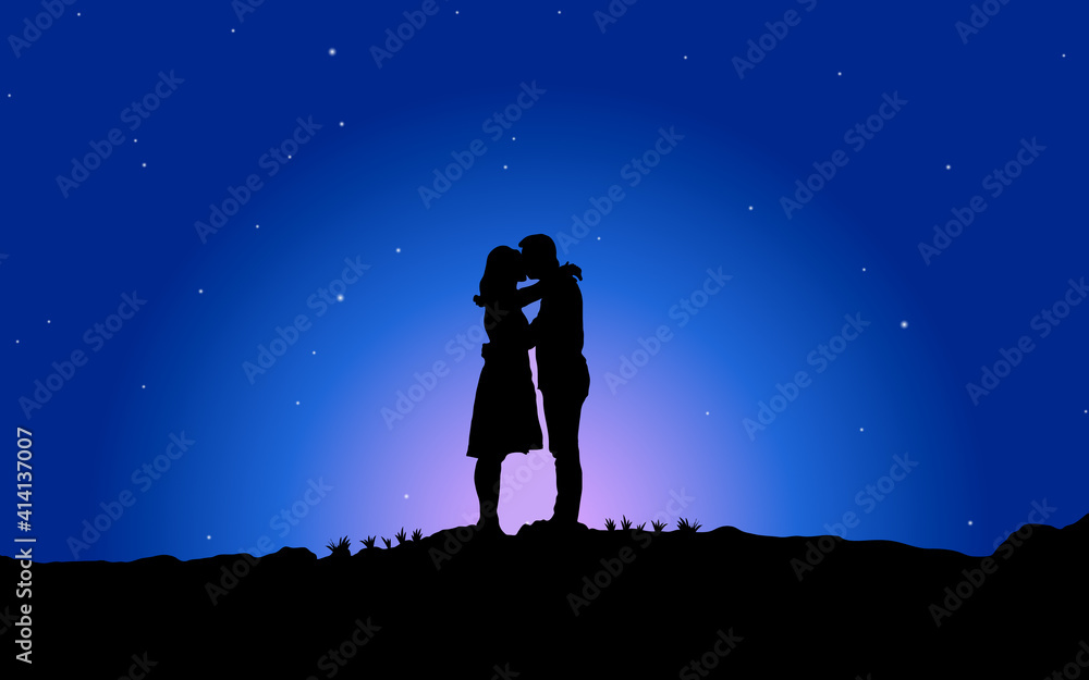 vector illustration of a couple in love man and woman drawn by black silhouettes hugging, kissing while standing on the surface of the earth with rare grass on the background of the sunset evening