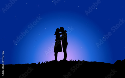 vector illustration of a couple in love man and woman drawn by black silhouettes hugging, kissing while standing on the surface of the earth with rare grass on the background of the sunset evening