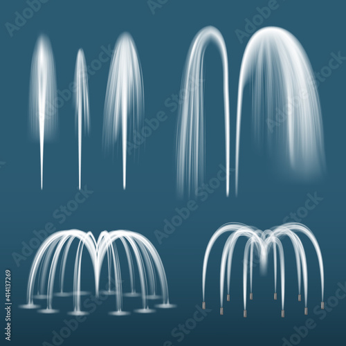 Fountain realistic. Decorative water splashes spray liquids from fountain jet vector templates collection. Illustration fountain splash, decorative stream water motion for garden decor