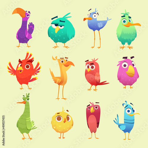 Cute cartoon birds. Funny circle owls cheerful animals with emoticons exact vector characters. Owl bird expression, emoji eagle-owl, cheerful mascot illustration