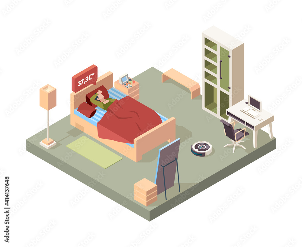 Sick people in bed. Flu character sneezing bad symptoms garish vector isometric interior concept. Illustration sick in bed, ill man, disease character