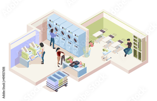 Industry laundry room. Isometric interior of cleaning service laundry house dry tools garish vector collection. Laundromat and laundry inside, clothing drying and folding illustration