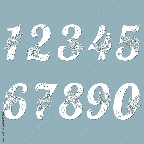 Laser cut template. Set of laser cutting numbers. Fancy floral alphabet. May be used for paper cutting. Floral wooden alphabet font. Filigree cutout pattern. Vector illustration.