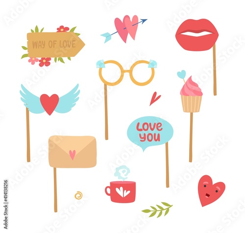 Photo booth elements. Love decorations, heart lips cake stickers for planners diary vector set. Decoration love photo booth, wedding scrapbook illustration