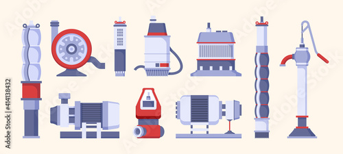 Pump water. Factory system station water tanks with engine garish vector collection. Illustration supply equipment and plumbing industry, compressor and engine