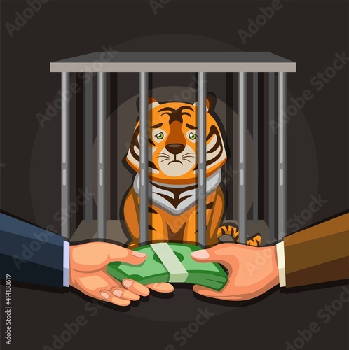 Wildlife trade, illegal business people selling tiger illustration concept in cartoon vector