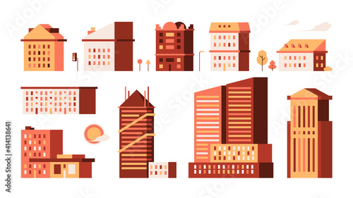 Flat houses. Simple urban buildings minimalism style garish vector illustrations town houses home constructions. Architecture urban building, city construction apartment