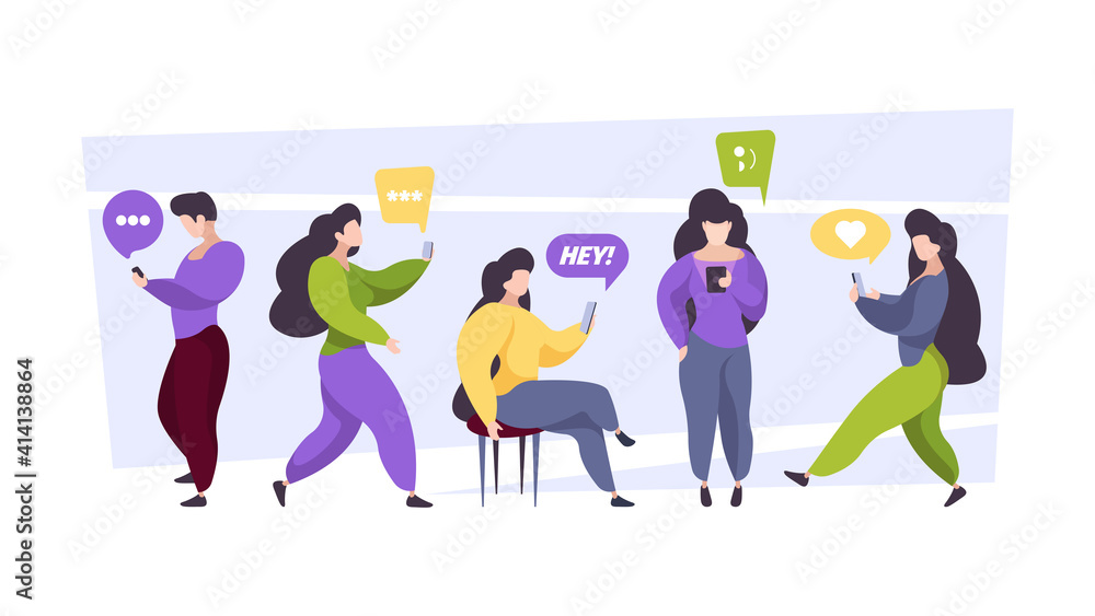 People chatting. Online dialogue persons with gadgets group of characters holding smartphones reading texting messages garish vector concept backgrounds. Illustration online chat and dialogue