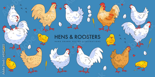 Cute hens and roosters set. Vector illustration