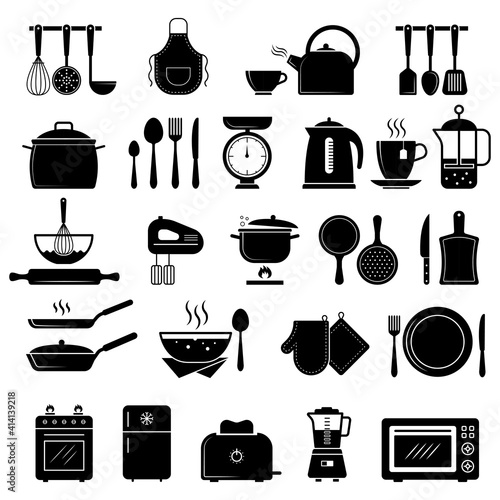 Kitchen icon. Food cooking utensils whisk stove knife silhouettes recent vector symbols. Utensil silhouette, equipment kitchen, microwave and toaster, scale and kettle illustration