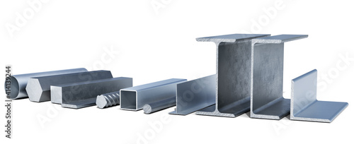 Konstfotografi Lined up various aluminium and metal profiles, shapes and tubes, 3d illustration