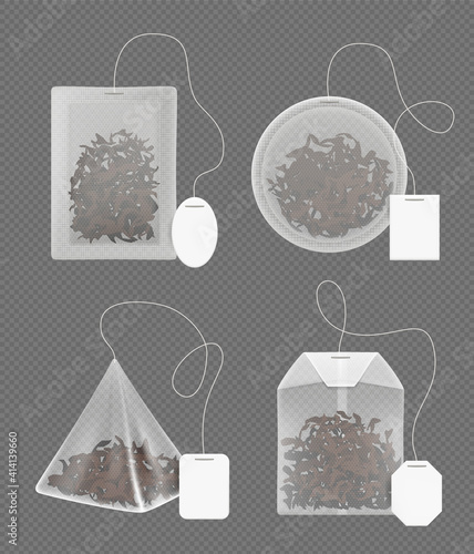 Tea bags. Green and black tea for relax time decent vector realistic template. Illustration tea bag black and green, drink herbal