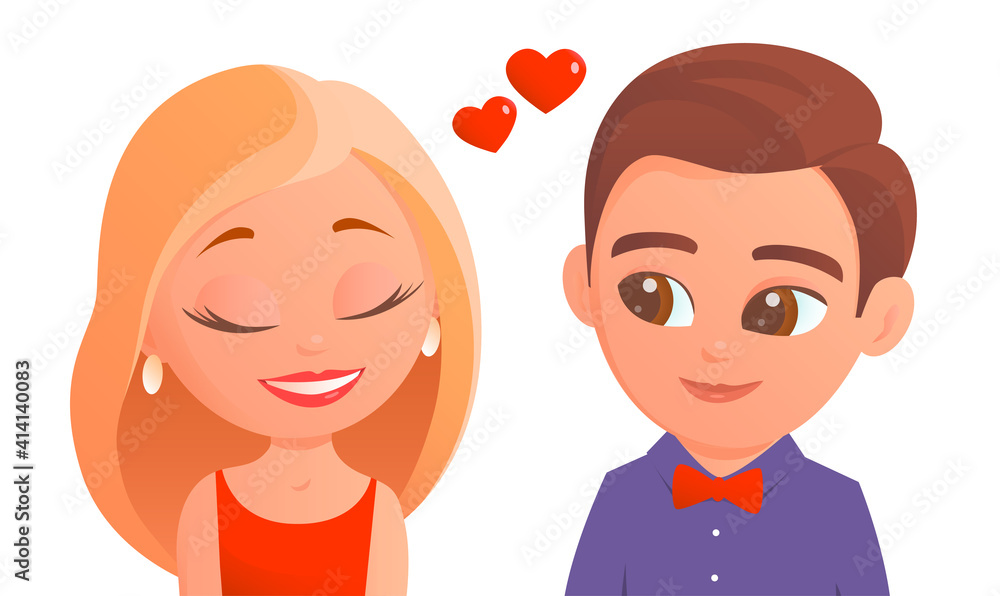 Young cartoon guy and girl on a date. Loving happy couple. Vector isolated cartoon illustration on white background.