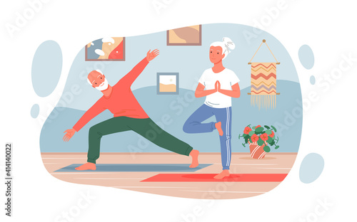 Old people practice yoga sport exercises at home  cute active elderly couple training