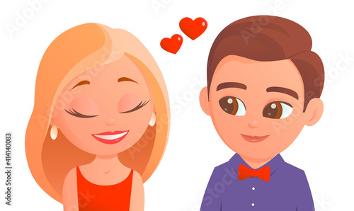 Young cartoon guy and girl on a date. Loving happy couple. Vector isolated cartoon illustration on white background.