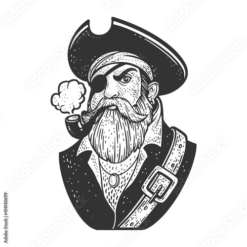 One-eyed pirate with smoking pipe and eyepatch sketch engraving vector illustration. T-shirt apparel print design. Scratch board imitation. Black and white hand drawn image.