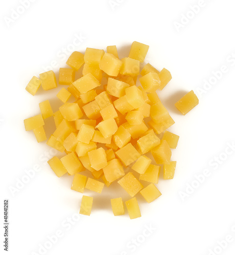 square pieces of hard cheese isolated on white