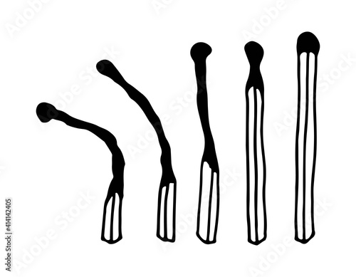 A set of one whole and burnt matches. Drawn in doodle style with contour on a white background. Vector illustration.