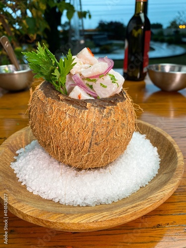 Ceviche on Coconut fresh fish cooking