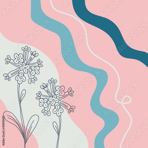 Herb minimal background. Hand drawn line wild flower and abstract blob shapes, herbal and meadow plant, modern floral template for social media posts, vector botanical illustration pink, blue colors