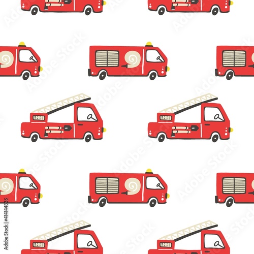 Firefighter seamless pattern. Fire truck with ladder extinguisher and hose. Hand drawn cartoon trendy scandinavian childish doodle cars. Decor textile, wrapping paper wallpaper vector print or fabric