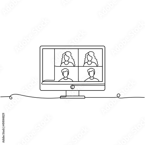 Continuous one line drawing a computer with group of people doing video conference. Concept online meeting via group call. Vector illustration.