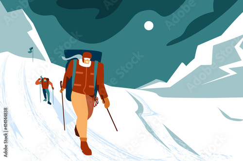 Men descend from the mountain against the backdrop of a winter landscape of mountains and clouds. Characters in winter clothes, walking in the mountains, winter sports. Rock climbing.