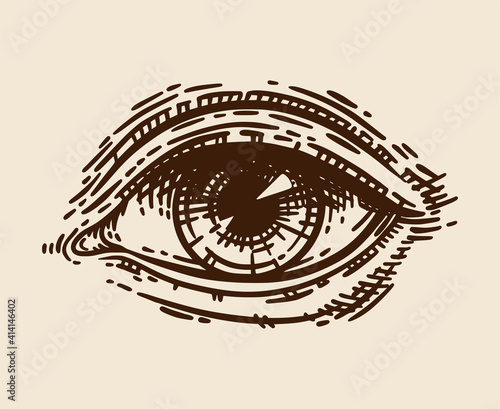 Hand drawn female eye in vintage engraving style