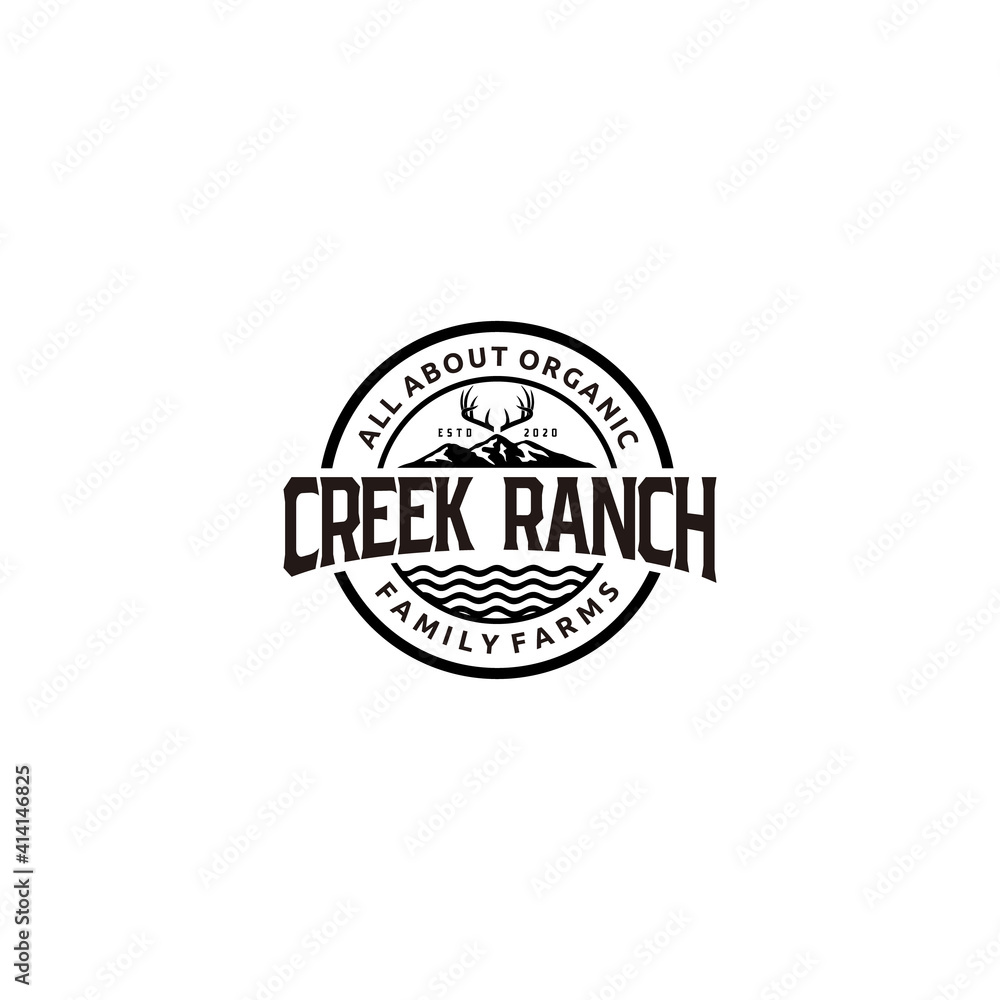 Mountain and River Creek Ranch Vector Stamp Logo Label, Vintage Farming Logo Template