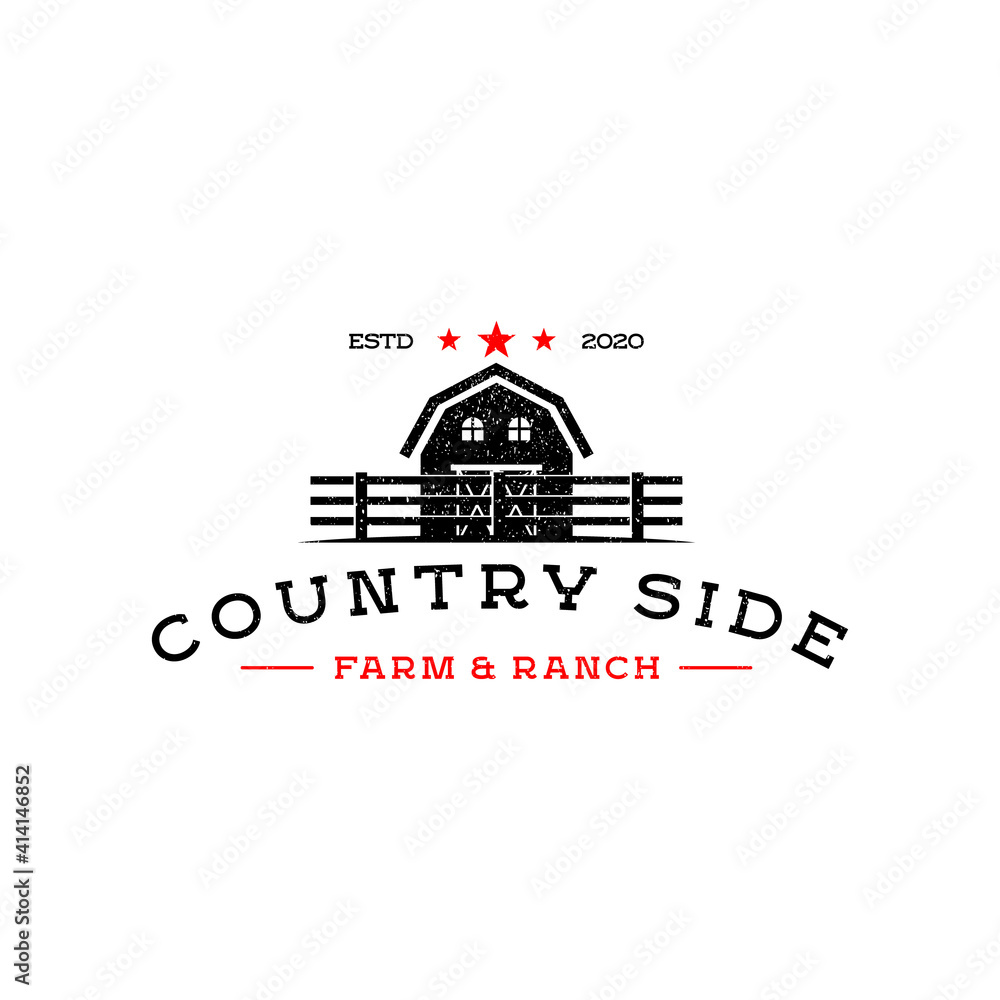 Rustic Retro Vintage Wooden Barn  Behind Fence Paddock for Countryside Western Country Farm Ranch Logo Design Illustration