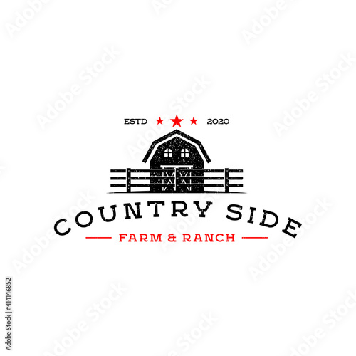 Rustic Retro Vintage Wooden Barn Behind Fence Paddock for Countryside Western Country Farm Ranch Logo Design Illustration