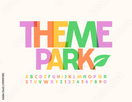 Vector colorful sign Theme Park with Decorative Leaf. Bright creative Font. Trendy Alphabet Letters and Numbers set