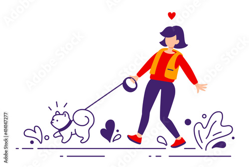 Vector illustration of woman with dog on a walk