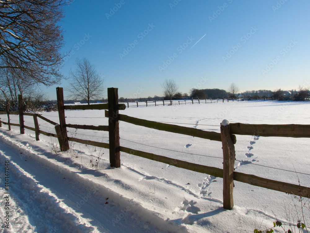 Verschneite Weide mit Spuren im Schnee, Auberg, Mülheim an der Ruhr Verschneite Weide mit Spuren im Schnee, Auberg, Mülheim an der Ruhr