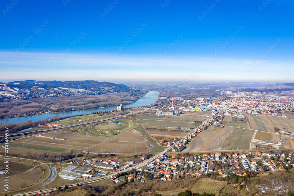Weinviertel region including Bisamberg, Korneuburg and Langenzersdorf. Panorama view in Lower Austria.