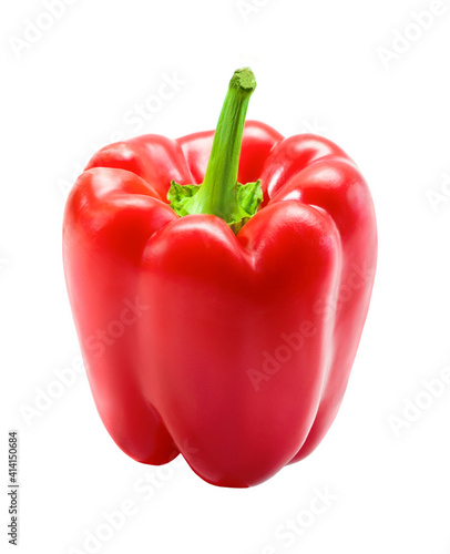 One whole red capsicum sweet bell pepper (paprika, cayenne, chilli, Jalapeno, сubanelle, hungarian wax pepper) isolated on white background, no shadow. Close up, copy space. Ketchup sauce ingredients.