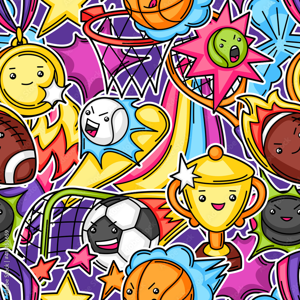 Seamless pattern with kawaii sport items. Seamless pattern with kawaii sport items.