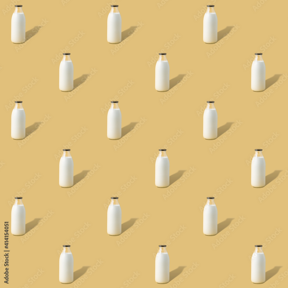 Creative seamless pattern with bottle of vegan milk on a yellow background