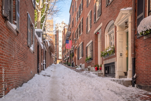 Snow on the cobblestones of Boston's historic Acorn Street