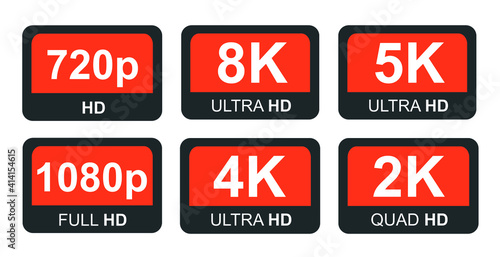 Red 8K, 4K, 5k Ultra HD Video Resolution Icon Logo High Definition TV Game Screen monitor display Label