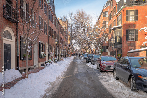 Cars parked on a plowed street in Beacon Hill in Boston © Keith J Sfinx