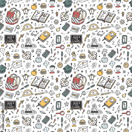 Education items. Back to school. Hand Drawn Doodle school supplies Vector Seamless pattern
