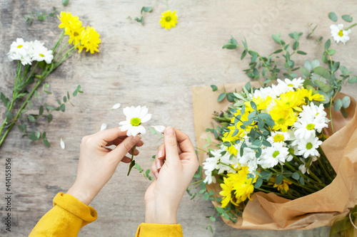 Woman hand holding in big white daisy petals on the  wooden background, top view