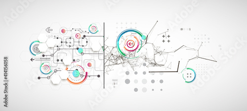 Abstract background on technological and scientific topics. Plexus effect with various techno details with a place under the text. Vector format.